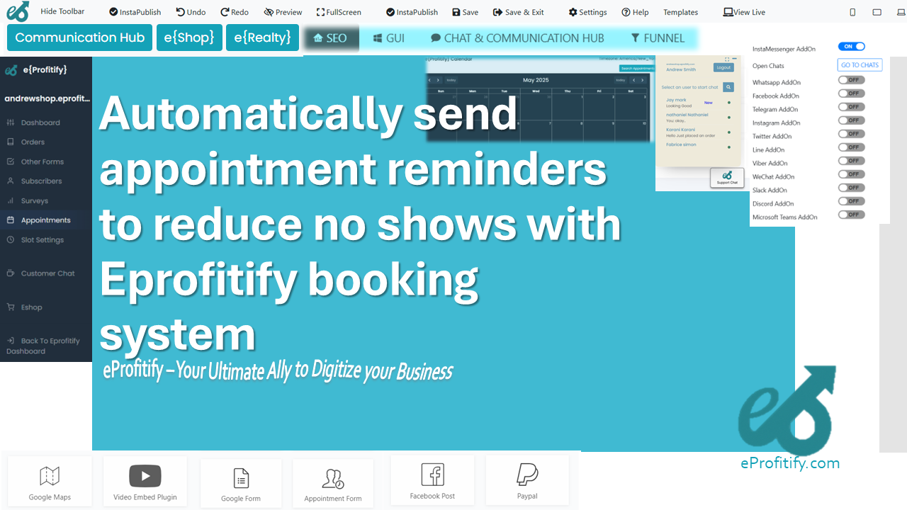 Automatically send appointment reminders to reduce no shows with Eprofitify booking system